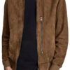 Brown Suede Real Leather Bomber Jacket for Mens