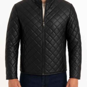 Men's Black Leather Classic Style Quilted Jacket