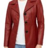 Womens Three Button Red Leather Blazer